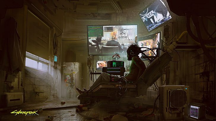 man lying on chair wallpaper, cyberpunk, Cyberpunk 2077, cyborg, HD wallpaper