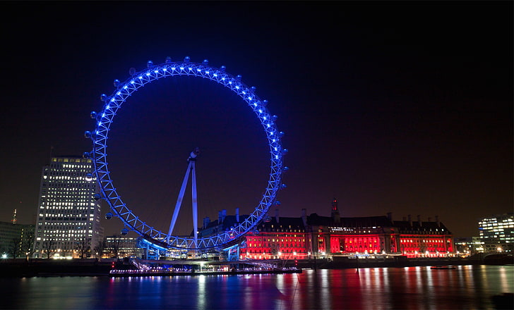 city, river, London, colorful, London Eye, UK, night, architecture