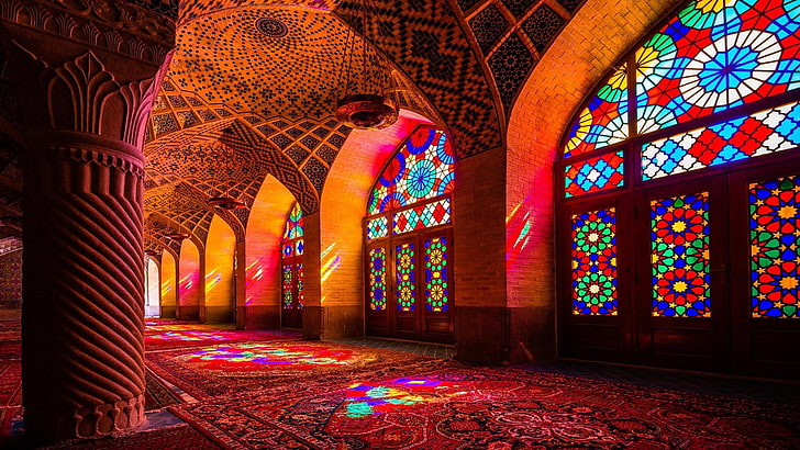 masque, iran, architecture, pink mosque, shiraz, stained glass, HD wallpaper