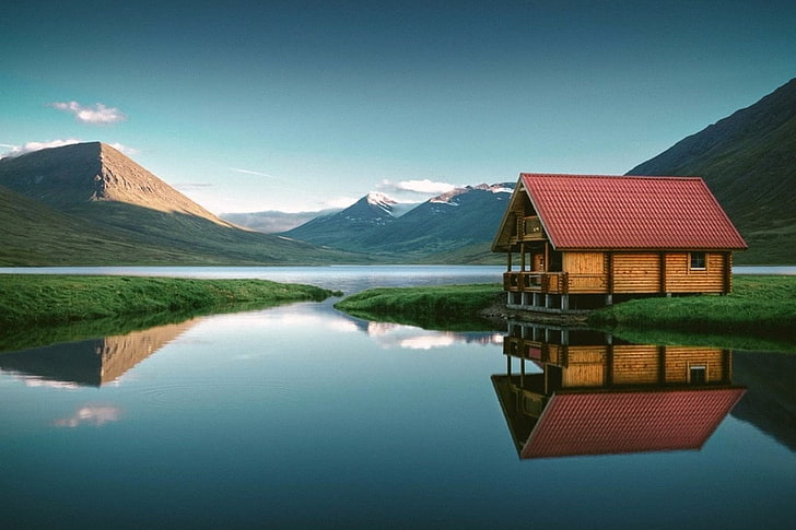 Iceland, mountains, water, cabin, lake, sky, reflection, mountain range