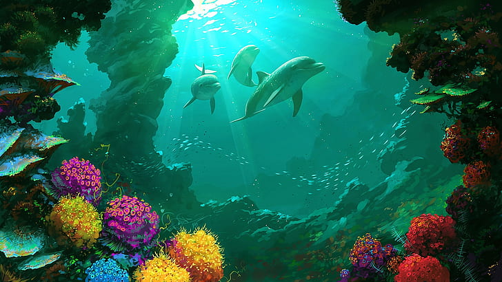 dolphin, artwork, sea, colorful, underwater, nature, HD wallpaper