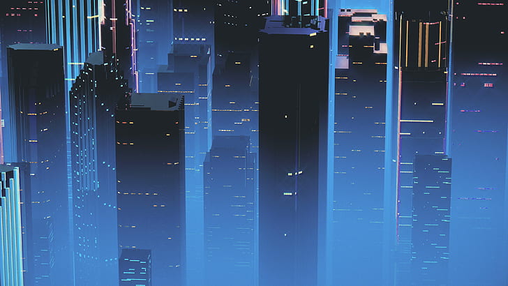 Night, Music, The city, Skyscrapers, Background, Neon, 80's, HD wallpaper
