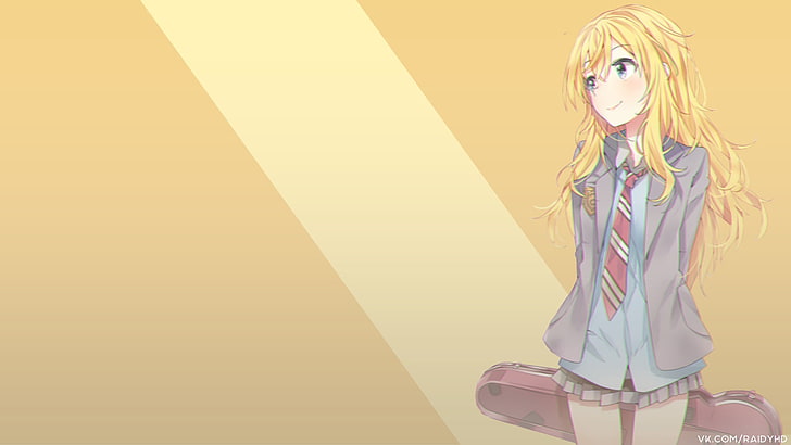 female anime character wearing school uniform holding guitar case digital wallpaper