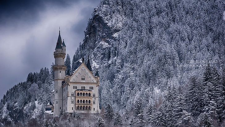 gray and blue castle, nature, landscape, winter, snow, architecture, HD wallpaper