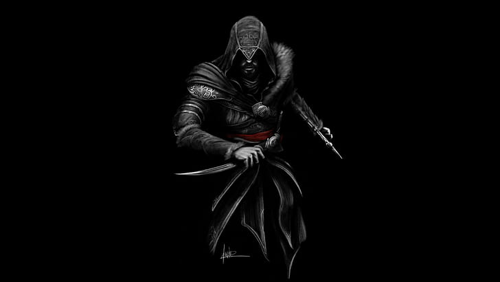 Fan art, Assassins Creed, Dark background, Ezio, Minimal, Black