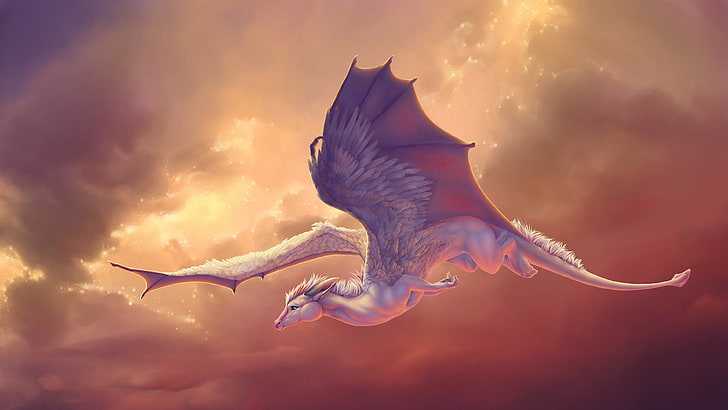 sky, fly, mythical creature, wing, flying, artwork, cloud, dragon, HD wallpaper