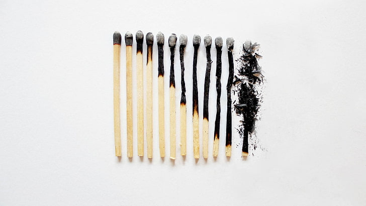 matches, fire, burn, ash, white background, studio shot, matchstick