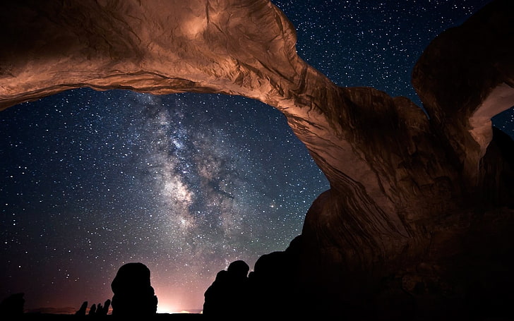 brown rock formation, Milky Way, space, arch, Arches National Park, HD wallpaper