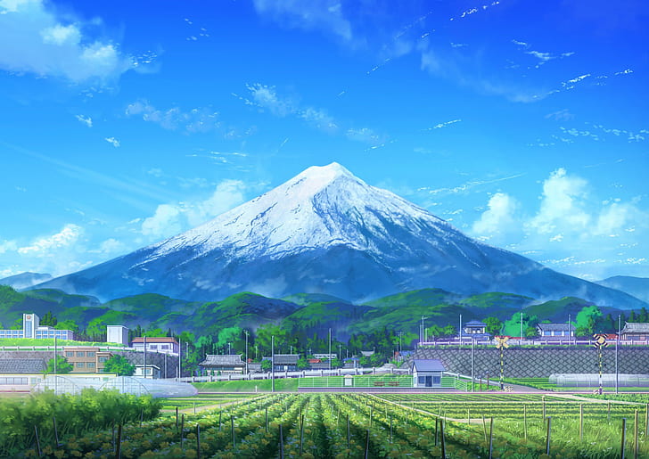 anime, mountains, landscape, Asia, Japan, blue, cyan