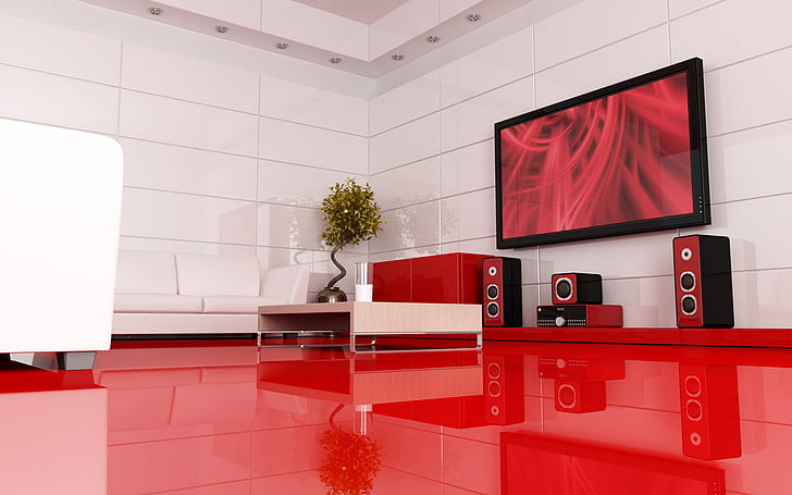 living rooms, photography, red, couch, TV, speakers, HD wallpaper