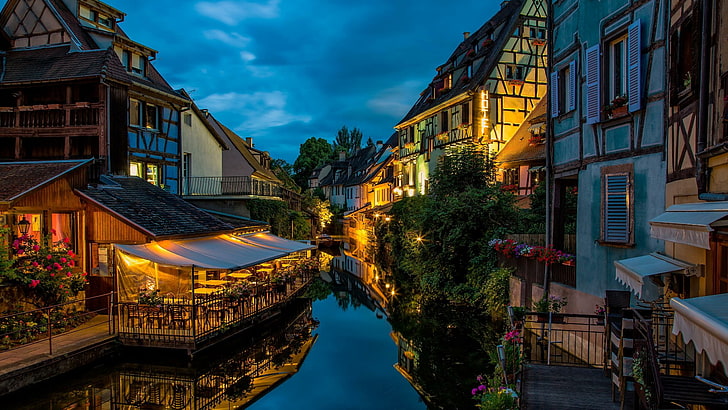 waterway, reflection, colmar, town, canal, sky, city, evening