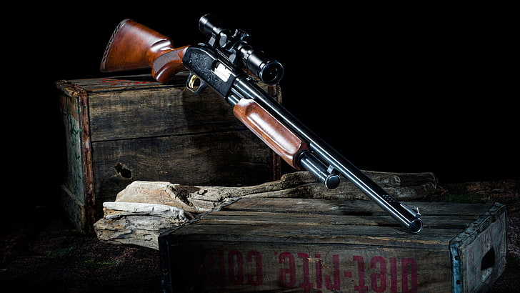 mossberg 500 shotgun, black background, weapon, studio shot