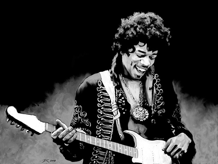 Jimi Hendrix, musician, men, drawing, musical instrument, front view