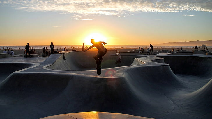 skateboarding, sunset, sports, tracks, HD wallpaper