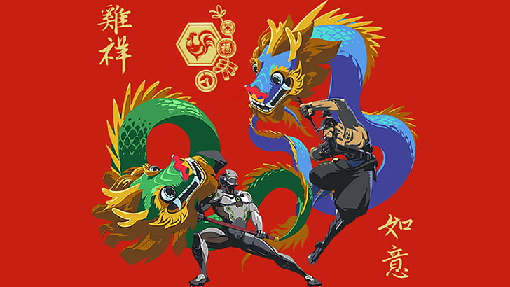 blue and green dragons illustration, Overwatch, Genji (Overwatch), HD wallpaper