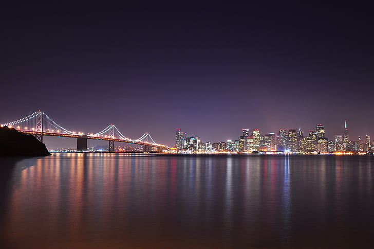 city, lights, urban, bridge, night, water, HD wallpaper