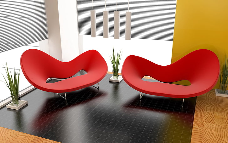 two red chaise lounges, design, interior design, apartment, room