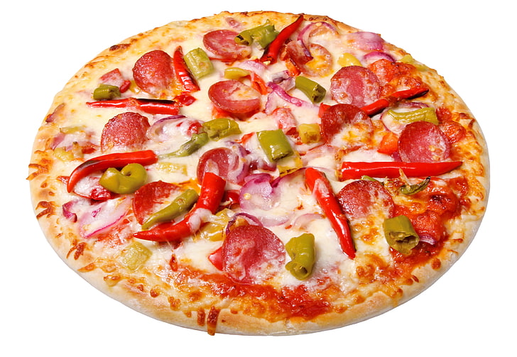 pepperoni and chili pizza, cheese, sausage, vegetables, baked