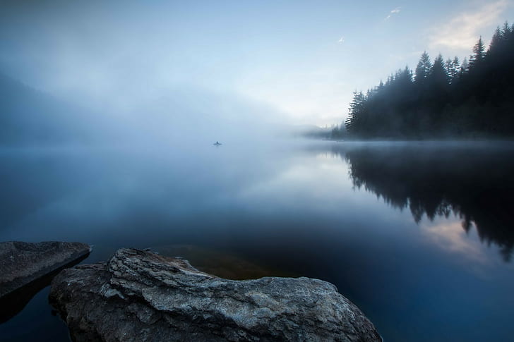 nature, lake, rock, mist, boat, blue, calm