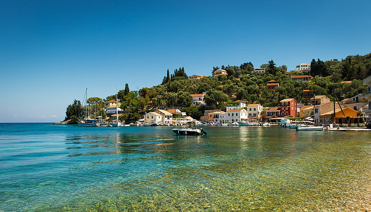 body of water, sea, coast, Greece, boat, town, Ionian Islands, HD wallpaper
