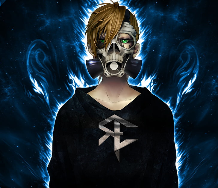 male anime character wallpaper, gas masks, skull, fire, blonde
