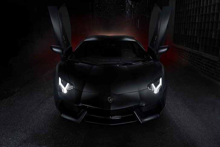 black sports car, Lamborghini, open doors, front, LP700-4, Aventador