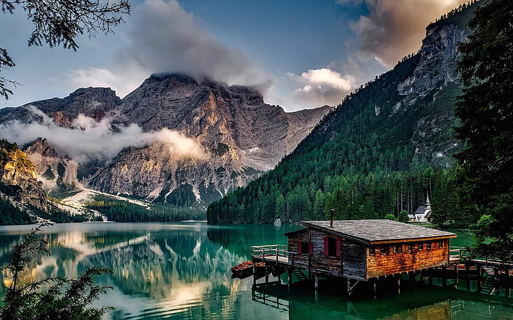 Lake Pragser, Italy, landscape, mountain, water, mountain range, HD wallpaper