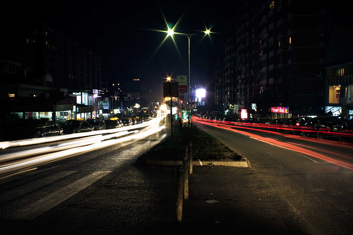road, long exposure, night, illuminated, city, architecture, HD wallpaper