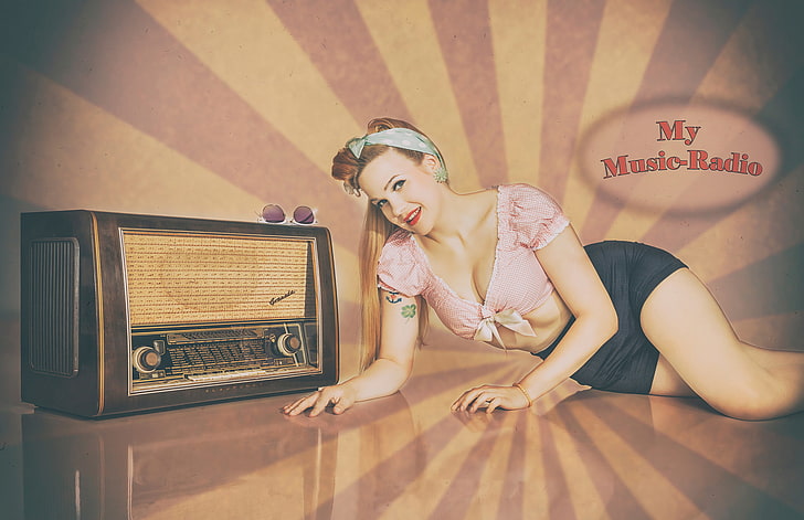 girl, retro, pin-up, RADIO TIME, HD wallpaper
