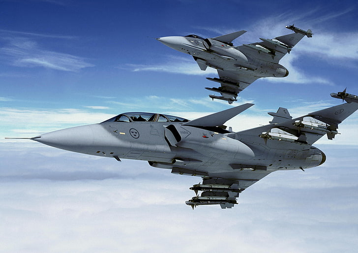 two white fighter jets flying, JAS-39 Gripen, jet fighter, airplane