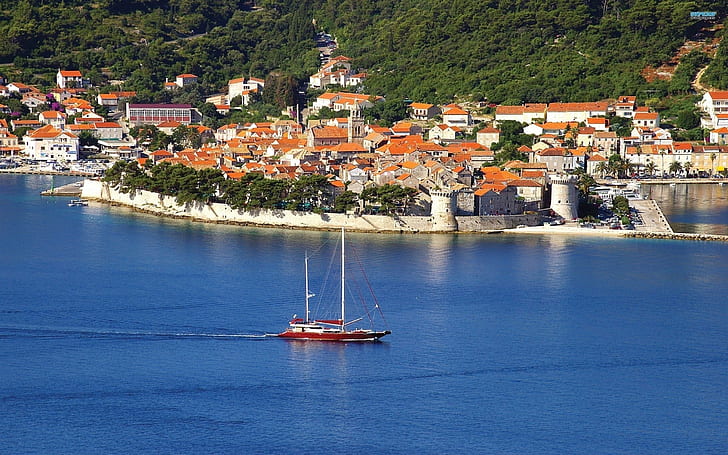 Korčula, Croatia, sea, cityscape, yacht, summer, vacation, HD wallpaper