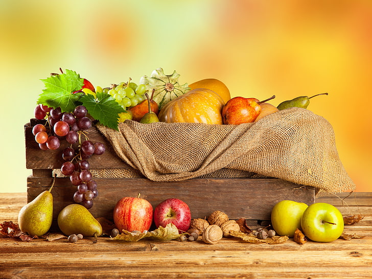 assorted fruits photo, autumn, apples, harvest, grapes, pumpkin, HD wallpaper