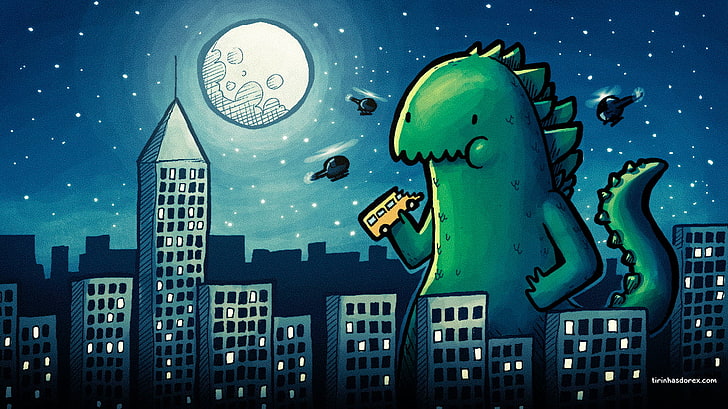Godzilla cartoon illustration, drawing, architecture, building exterior, HD wallpaper