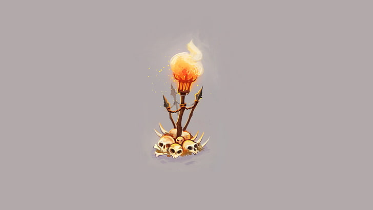 skull torch illustration, minimalism, spear, gray background, HD wallpaper