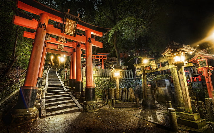 red torii gate, harmony, china, stairs, characters, hdr, asia, HD wallpaper