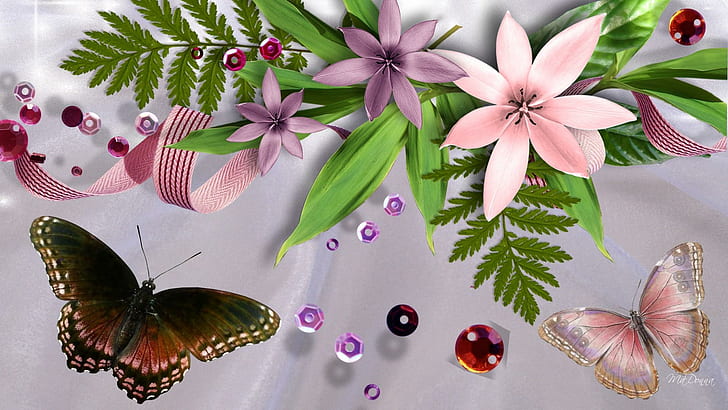 Blooms Beads Butterflies, firefox persona, ribbon, ferns, flowers, HD wallpaper