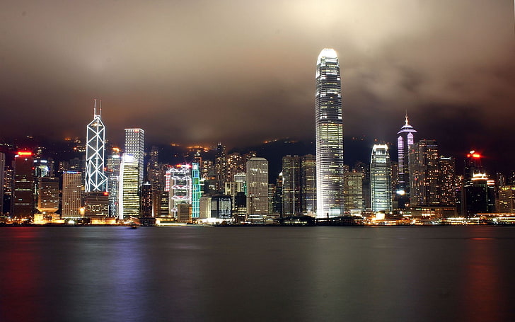 grey building, China, Hong Kong, city, night, cityscape, building exterior, HD wallpaper