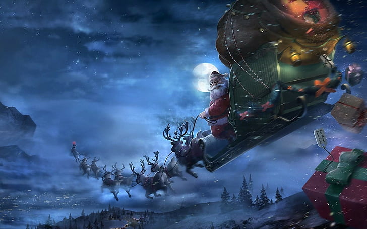 santa claus, reindeer backgrounds, sleigh, flying, Gifts, christmas, HD wallpaper