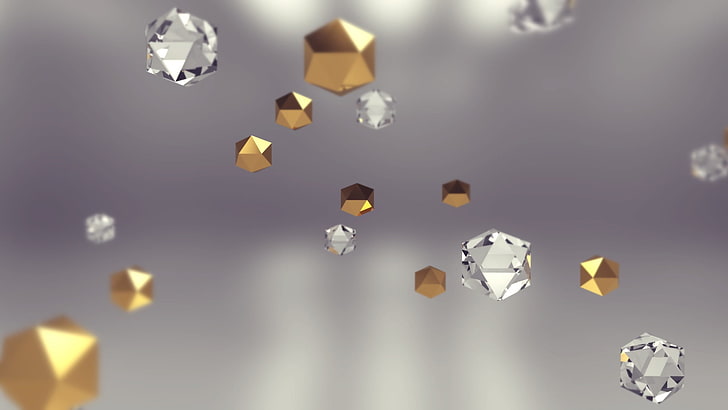 gold and white glass beads, diamonds, 3d object , mid-air, no people, HD wallpaper