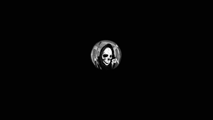 digital art simple background minimalism grim reaper skull skeleton bones scythe hallway door fisheye lens monochrome drawing black background spooky death