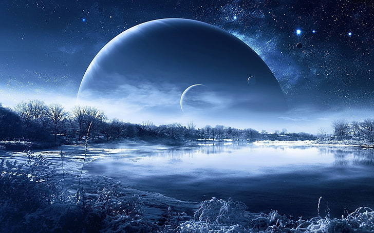 fantasy world, planets, sci-fi, snow, stars, sky, night, astronomy
