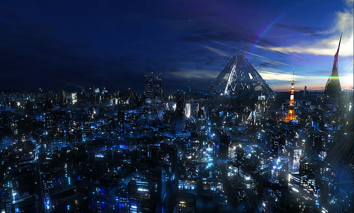cityscape night guilty crown anime tokyo, building exterior, HD wallpaper