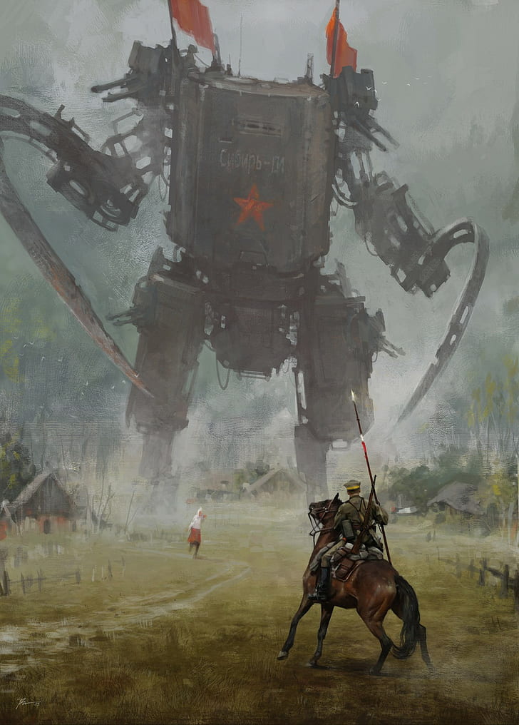 man riding horse fighting robot painting, science fiction, domestic animals