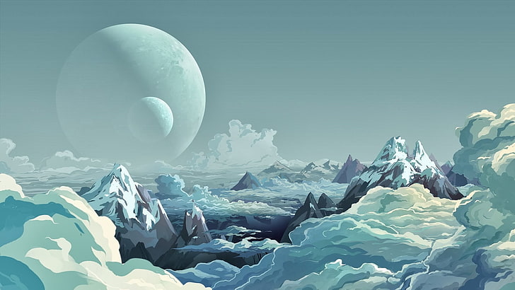 snow capped mountain with sea of clouds illustration, fantasy art