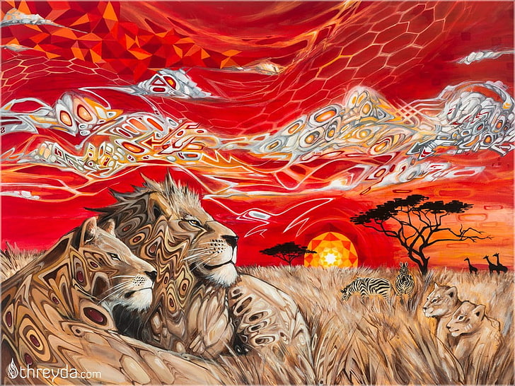 red and white floral textile, abstract, lion, Africa, artwork