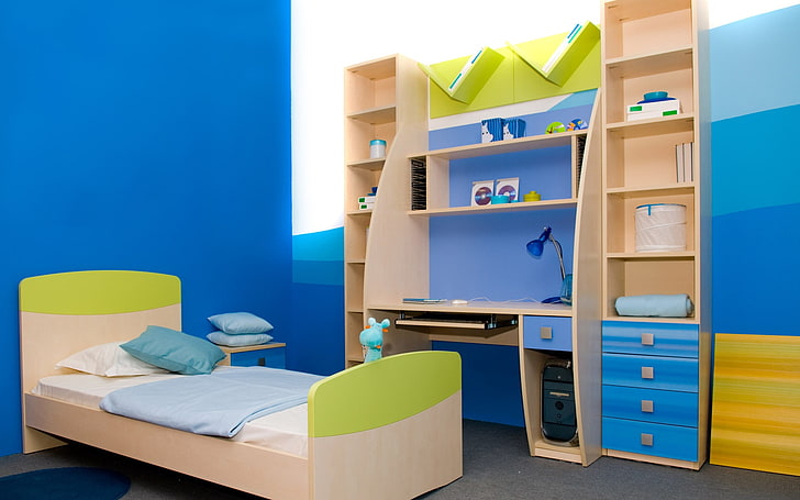 brown wooden bed frame, childrens room, wardrobe, table, style, HD wallpaper