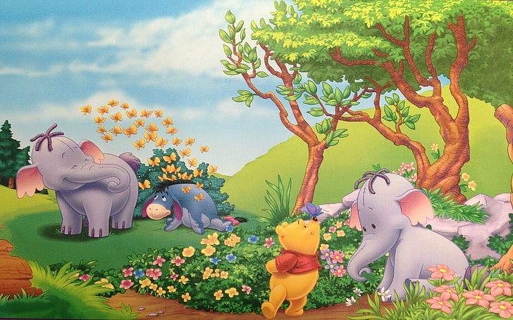 Winnie The Pooh Eeyore And Elephant Heffalump Summer Flowers Butterflies Cartoon Wallpaper Hd 2880×1800, HD wallpaper