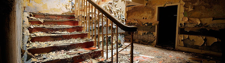 black staircase, multiple display, abandoned, ruin, architecture, HD wallpaper