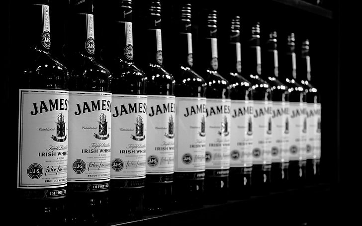 James liquor bottle lot, photography, bottles, alcohol, Jameson, HD wallpaper