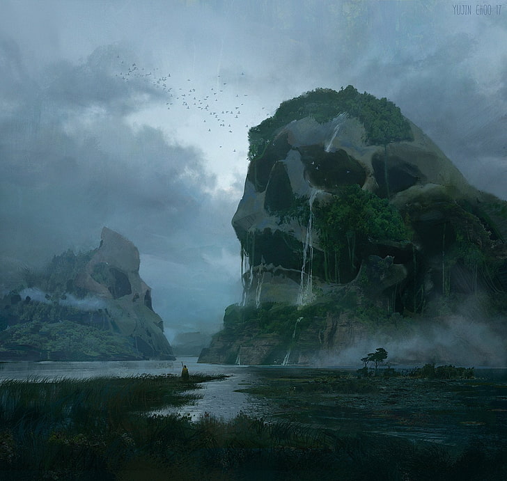 skull island illustration, artwork, fantasy art, nature, water